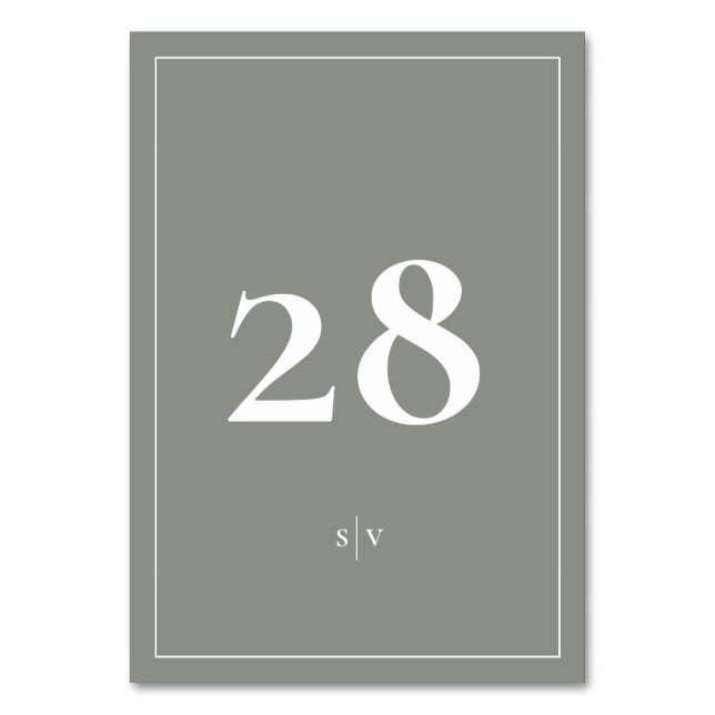 Framed | Monogram Elegant Green White Wedding Table Number (Front)
