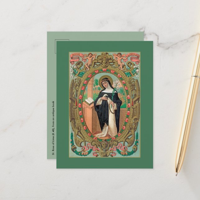 Framed Portrait of St. Rose of Lima (K 48) Postcard (Front/Back In Situ)