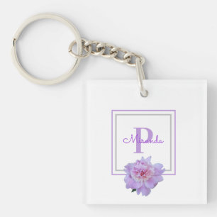 Framed Purple Monogram Pink Peony Flower  Key Ring