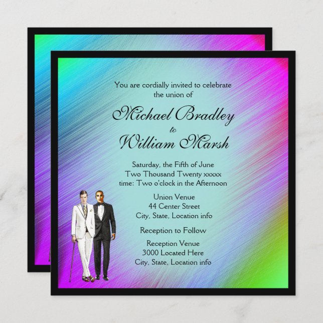 Framed Rainbow Green Gay Wedding Invite (Front/Back)