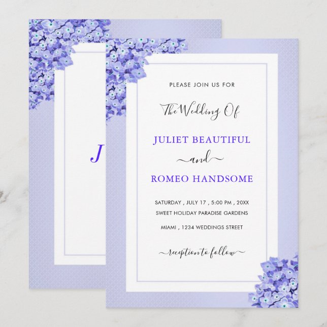 Framed Violet Flowers Wedding Invitation Example (Front/Back)