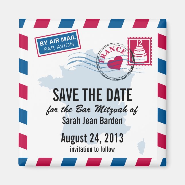 France Air Mail Bar Mitzvah Save the Date Magnet (Front)