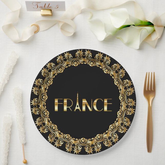 France, Eiffel Tower, Elegant Gold Design, Paper Plate (Wedding)