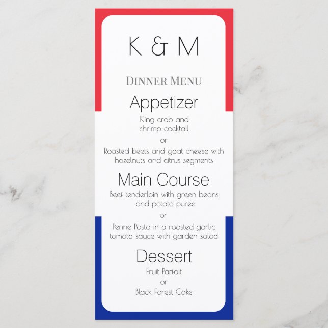 France Flag Colours French Dinner Menu (Front)