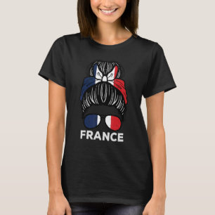 France Flag French Girl Hairbun Football Soccer Fa T-Shirt