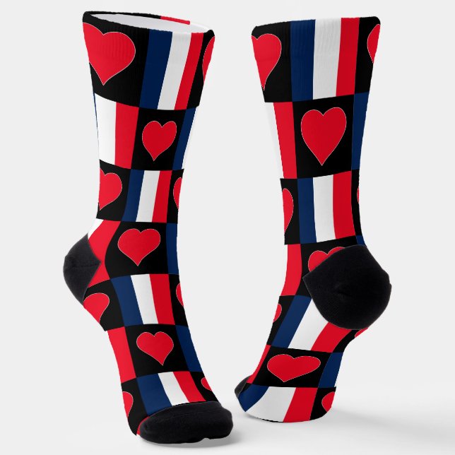 France Flag Heart Pattern French National Pride Socks (Angled)