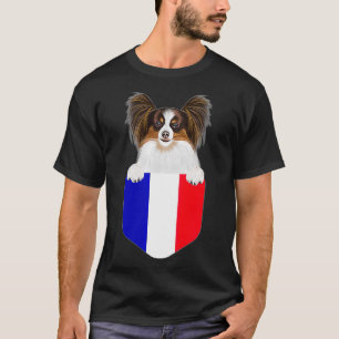 France Flag Papillon Dog In Pocket T-Shirt