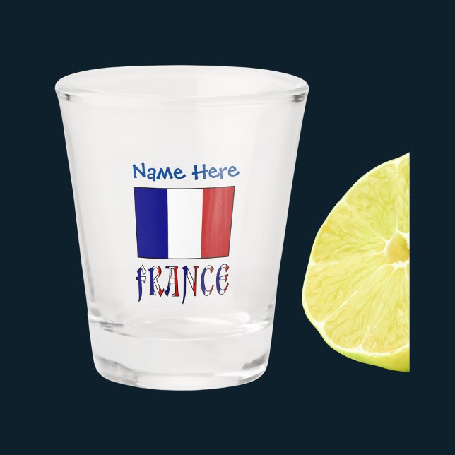 France French Flag Blue Personalisation  Shot Glass (Shot glass has the French flag and the word FRANCE in flag colors. Add a name above in blue text.)