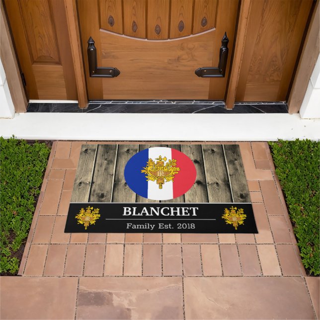 France & French Flag Rustic Wood / Family Doormat (Outdoor)