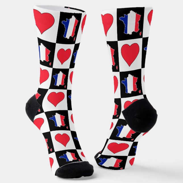 France Heart Pattern French National Flag Map Socks (Angled)
