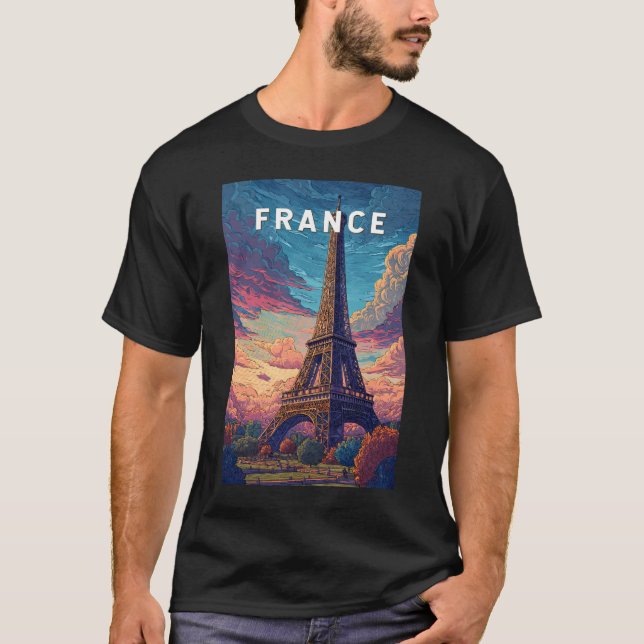 France Illustration Travel Art Vintage T-Shirt (Front)