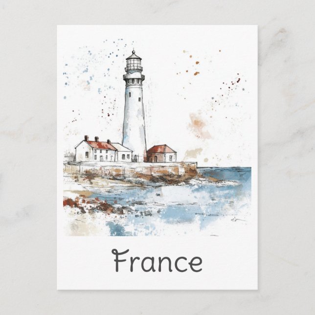 France Lighthouse Coast Watercolor French Travel Postcard (Front)