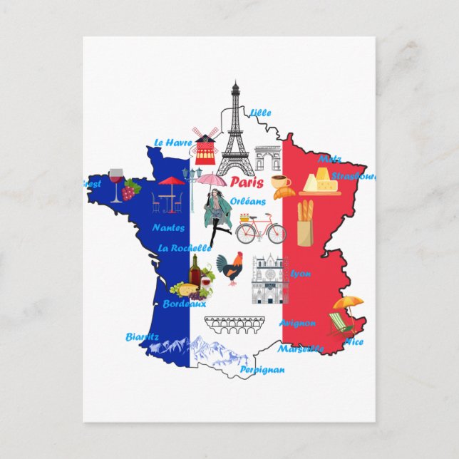 France Map Landmarks tourist attractions Postcard (Front)