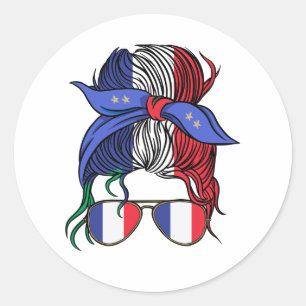 France messy bun with French Flag Classic Round Sticker