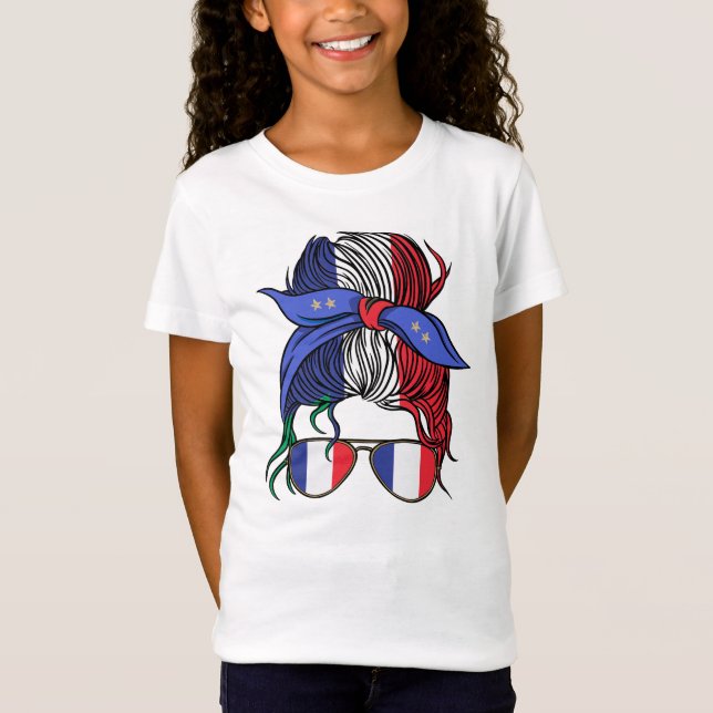 France messy bun with French Flag T-Shirt (Front)