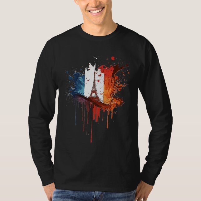 France Paris Abstract Splatter French Flag Eiffel  T-Shirt (Front)