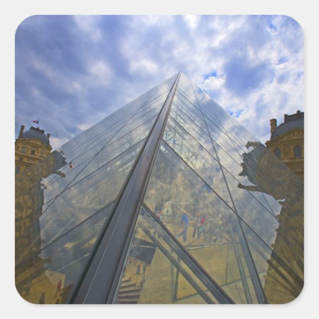France, Paris. Clouds reflect off the Louvre Square Sticker (Front)