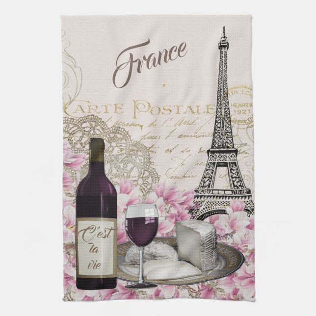 FRANCE, TOUR EIFFEL, PARIS, WINE, FRENCH CHEESE TEA TOWEL (Vertical)