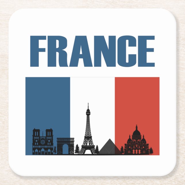 France Travel - Paris City Skyline French Flag Square Paper Coaster (Front)