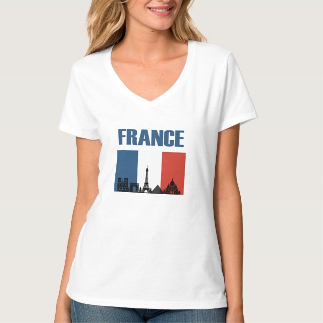 France Travel - Paris City Skyline French Flag T-Shirt (Front)