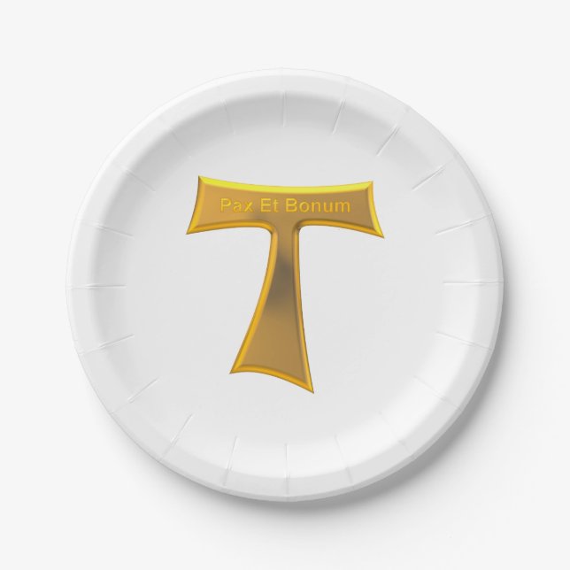 Franciscan Tau Cross Pax Et Bonum Gold Metallic Paper Plate (Front)