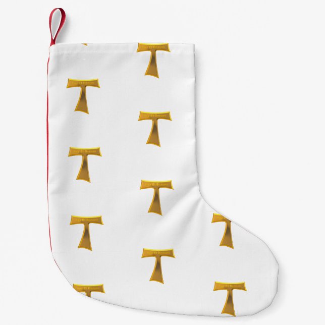Franciscan Tau Cross Pax Et Bonum Gold Metallic Small Christmas Stocking (Front)