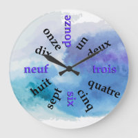 Francophone Numbers Blue Watercolor Round Clock