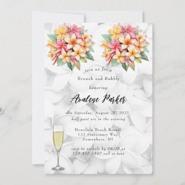 Frangipani Floral Hawaiian Brunch and Bubbly Invitation (Front)
