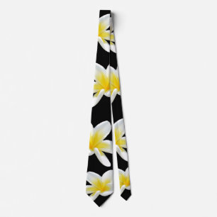 Frangipani,_Flowers,_Black_Yellow_Unisex_Silky_Tie Tie