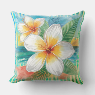 Frangipani Flowers ,Turquoise Yellow Line Pattern Cushion