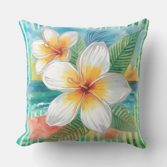 Frangipani Flowers ,Turquoise Yellow Line Pattern Cushion (Front)