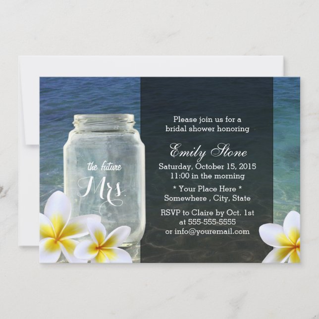 Frangipani & Mason Jar Beach Theme Bridal Shower Invitation (Front)