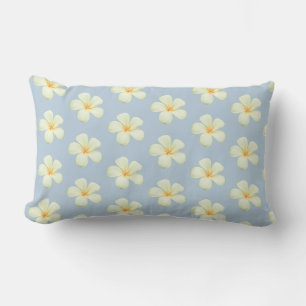 Frangipani Plumeria Flowers on Wondrous Blue Lumbar Cushion