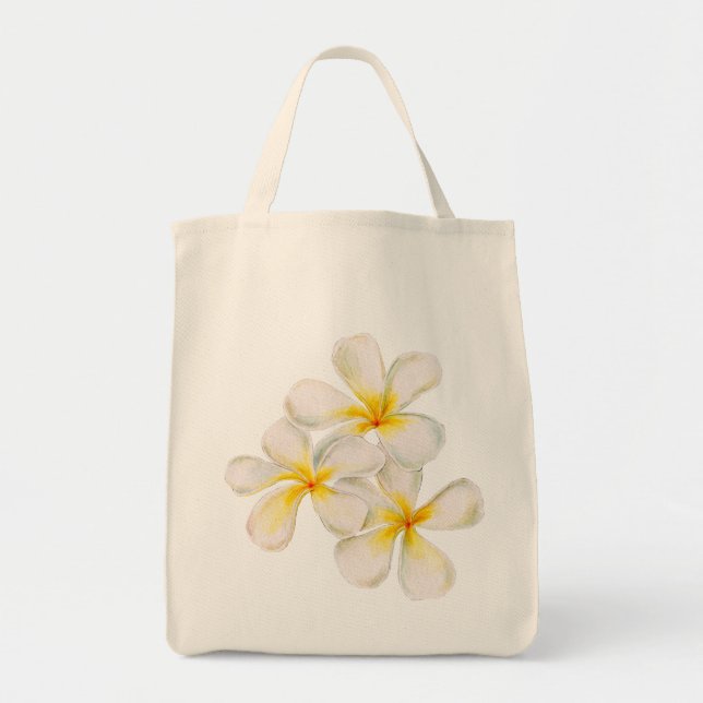 Frangipani white golden yellow watercolor flowers tote bag (Front)