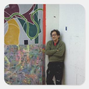 Frank Stella  beside one of his works Square Sticker