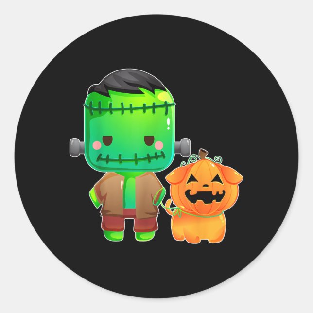 Frankenstein And Pumpkin Dog Halloween Classic Round Sticker (Front)