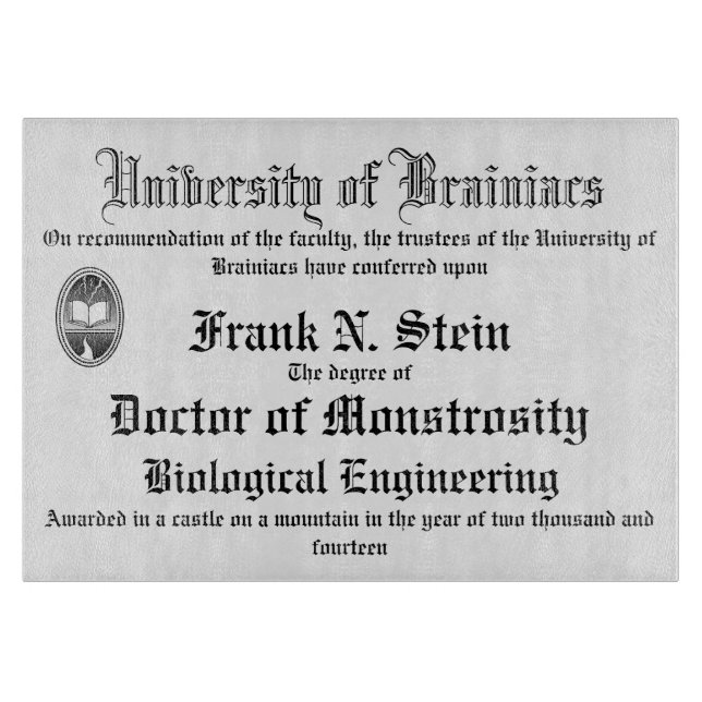 Frankenstein diploma cutting board (Front)