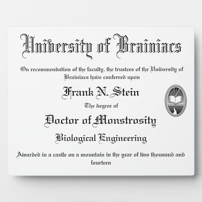 Frankenstein diploma display plaque (Front)