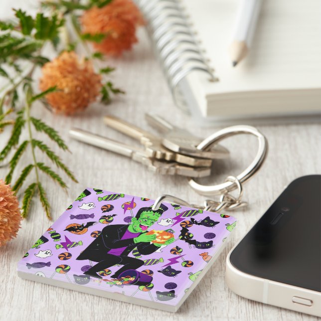 Frankenstein Halloween Illustration Creepy Cute Key Ring (Front Right)