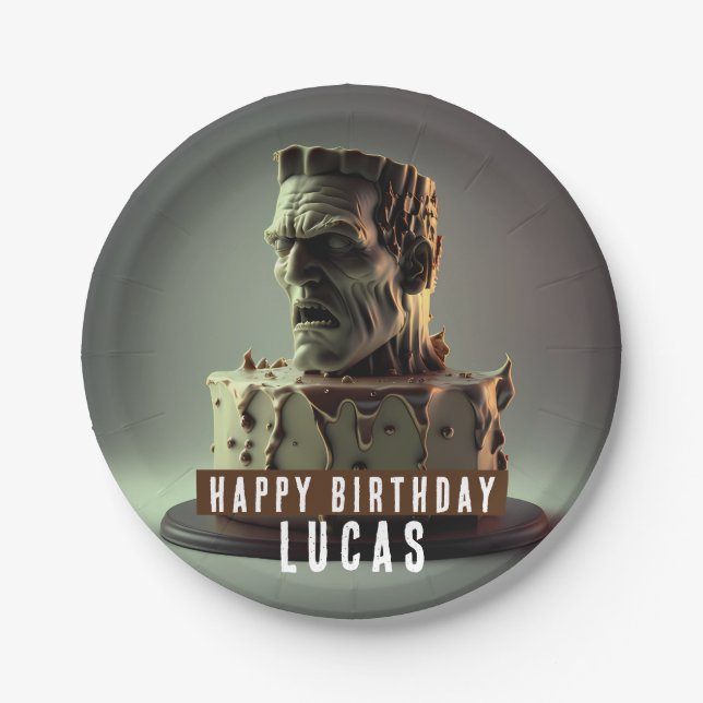 Frankenstein Head Birthday  Chocolate Cake -  Paper Plate (Front)