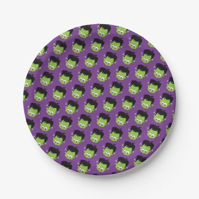 Frankenstein Head Halloween Green Purple Pattern Paper Plate (Front)