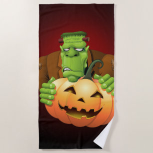 Frankenstein Monster Cartoon with Pumpkin Beach Towel