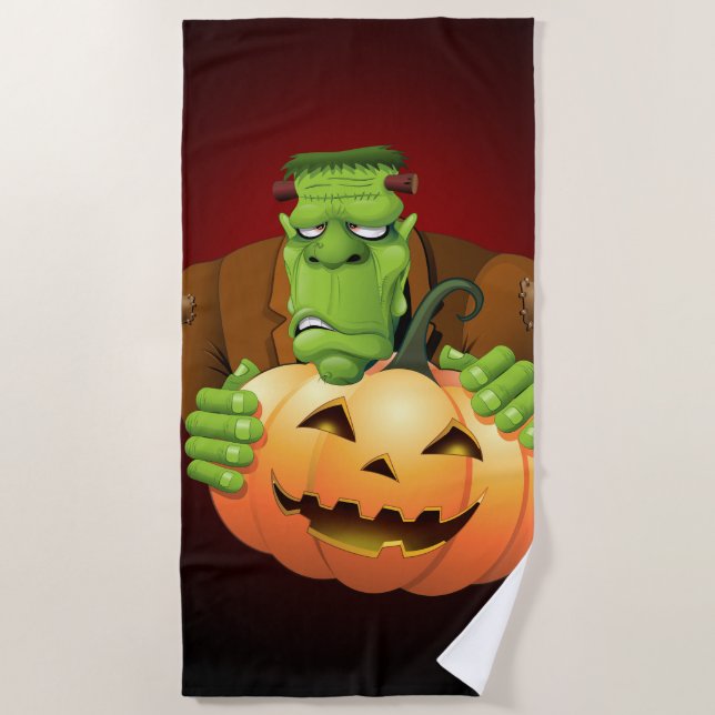 Frankenstein Monster Cartoon with Pumpkin Beach Towel (Front)