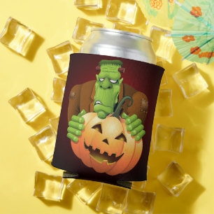 Frankenstein Monster Cartoon with Pumpkin Can Cooler