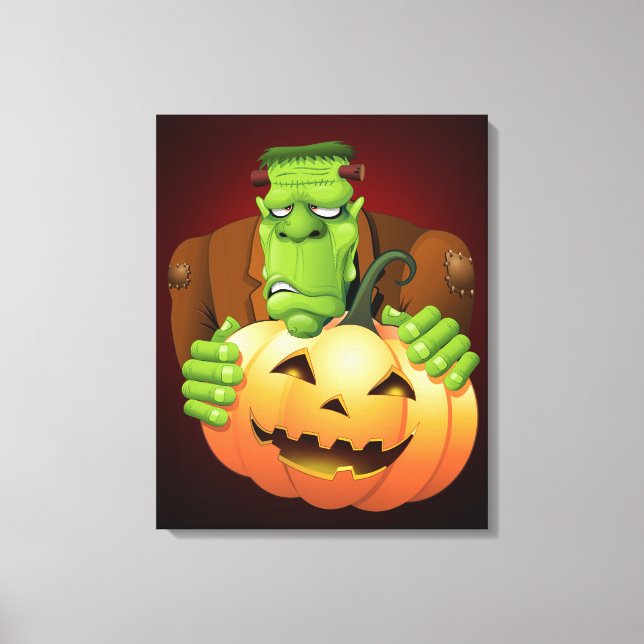 Frankenstein Monster Cartoon with Pumpkin Canvas Print (Front)