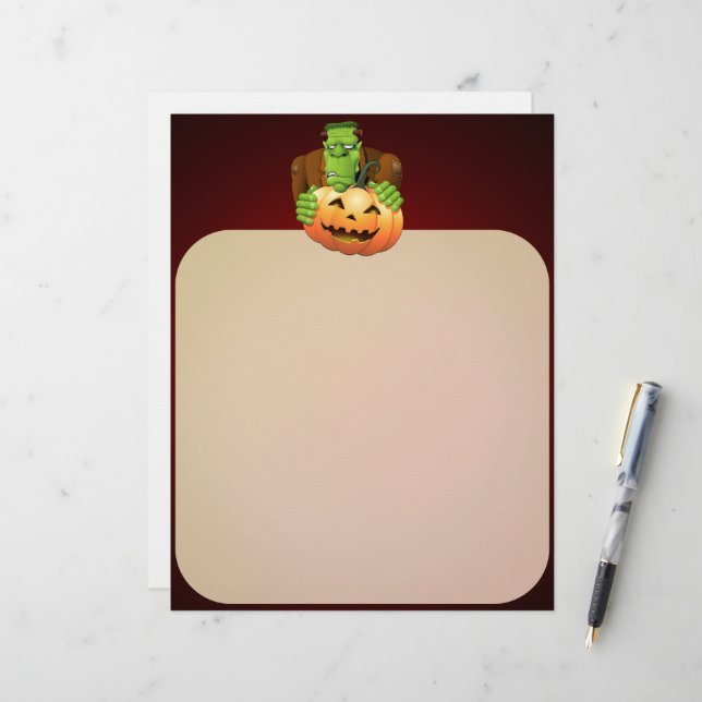 Frankenstein Monster Cartoon with Pumpkin Custom Letterhead (Front/Back In Situ)