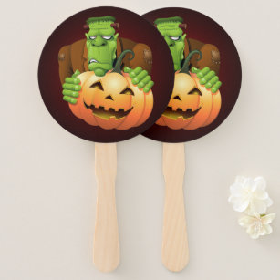 Frankenstein Monster Cartoon with Pumpkin Hand Fan