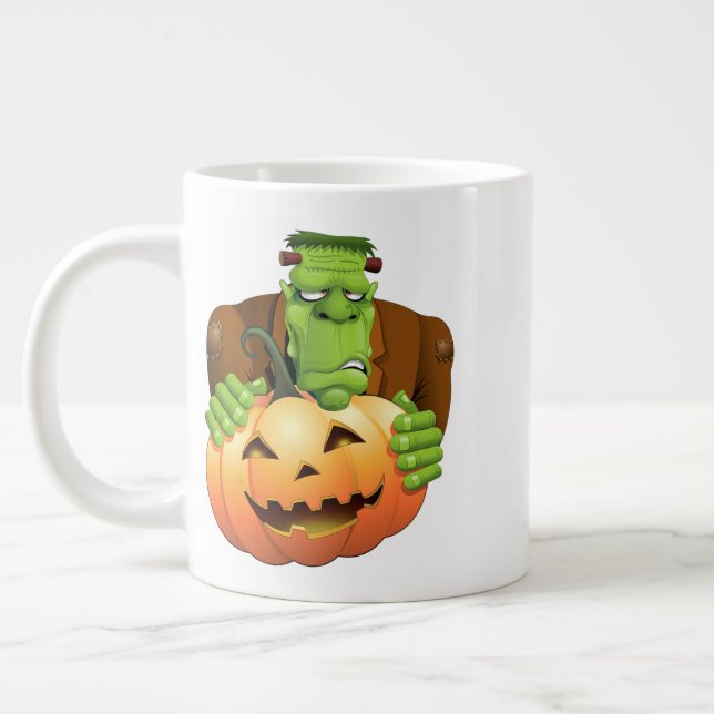 Frankenstein Monster Cartoon with Pumpkin Large Coffee Mug (Left)