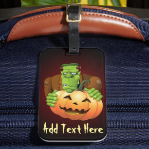 Frankenstein Monster Cartoon with Pumpkin Luggage Tag