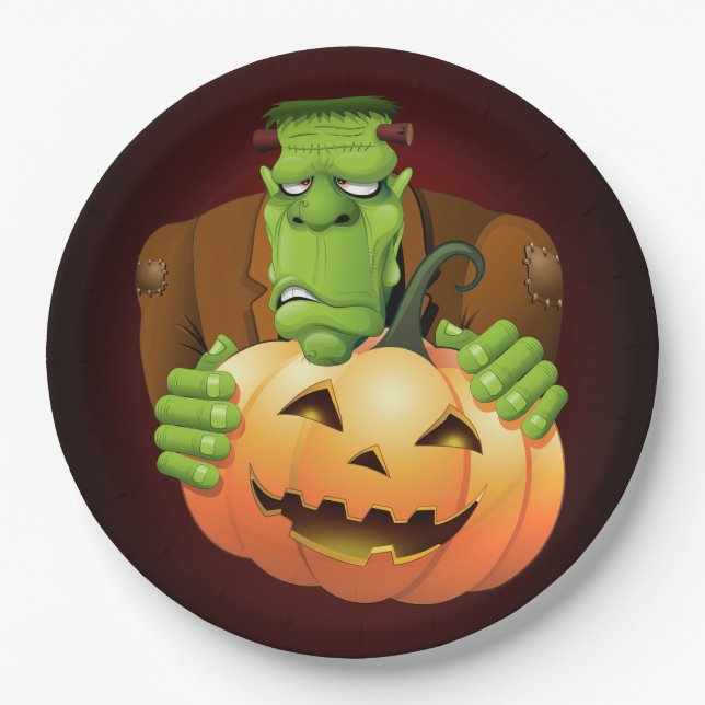 Frankenstein Monster Cartoon with Pumpkin Paper Plate (Front)